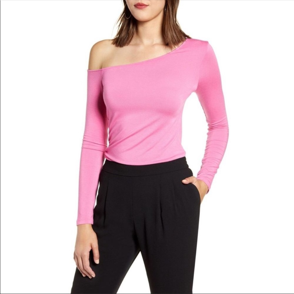 Halogen Shirt Pink One Shoulder Ruched Top Lightweight Long Sleeve Sexy Soft NWT